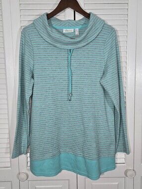 D&Co Active Striped Cowl Neck Tunic Long Sleeve Pullover Shirt Sz L